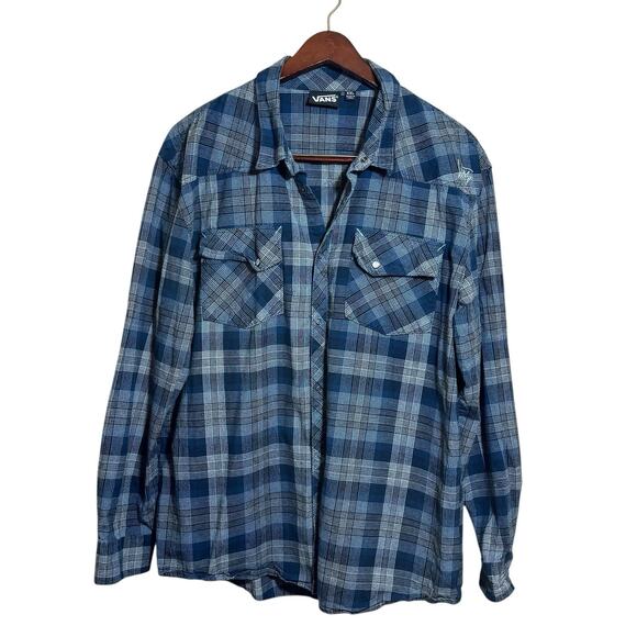 Vans Western Pearl Snap Button Up Shirt Long Sleeve Blue Plaid Mens Size XXL - Picture 1 of 7